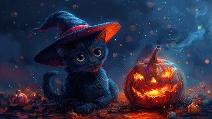 A digital illustration of a black cat wearing a witch hat sitting beside a glowing jack-o'-lantern with colorful confetti and smoke.

