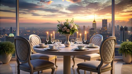Fototapeta premium Timeless elegant table background with soft pastel colors and blurred cityscape landscape at dusk.