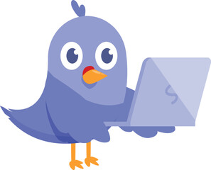 Blue cartoon bird is holding a laptop computer, looking intently at the screen
