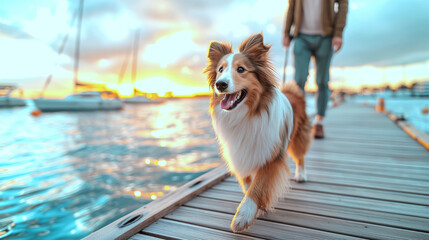  Happy Rough Collie Dog Walking on Dock at Sunset by the Marina
