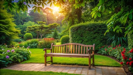Obraz premium Serene outdoor setting with empty bench surrounded by lush greenery, symbolizing parents talking to child in a natural environment.