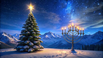 Serene winter landscape featuring festive hanukkah menorah and christmas tree lit up under starry night sky with snow-covered mountains background.
