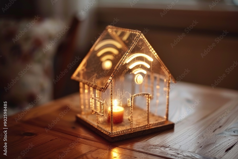 Poster miniature smart home model with glowing lights concept of advanced technology connectivity and moder