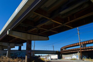 Obraz premium Urban Exploration Underneath a Vibrant Highway on a Clear Day