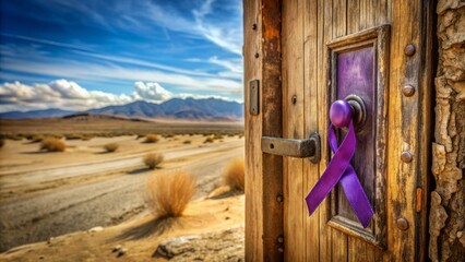 Abandoned old door with infertility awareness purple ribbon tied to the rusty doorknob in a vast desert.