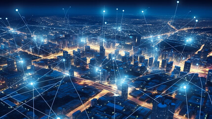 Fototapeta premium Global Connections. Modern city network communication concept. IOT Internet of things wireless technology