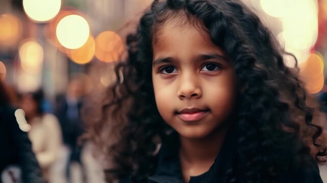 With a determined expression a young girl rides her bike through the crowded streets her curly dark hair bouncing behind her.