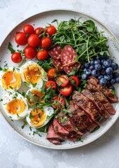 Elegant Plate Featuring Keto Diet with Meat, Eggs, Vegetables, and Berries