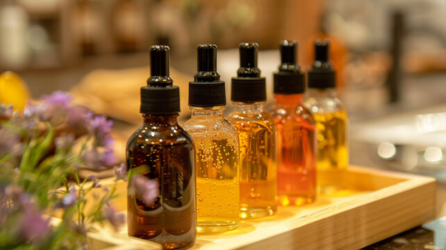 Assorted Bottle with aromatic oils close-up	