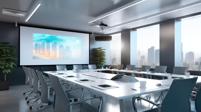 High-tech meeting room with a projector and empty ergonomic chairs