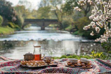 Obraz premium Picnic with assorted treats and tea, riverside, bridge and blossoms in background