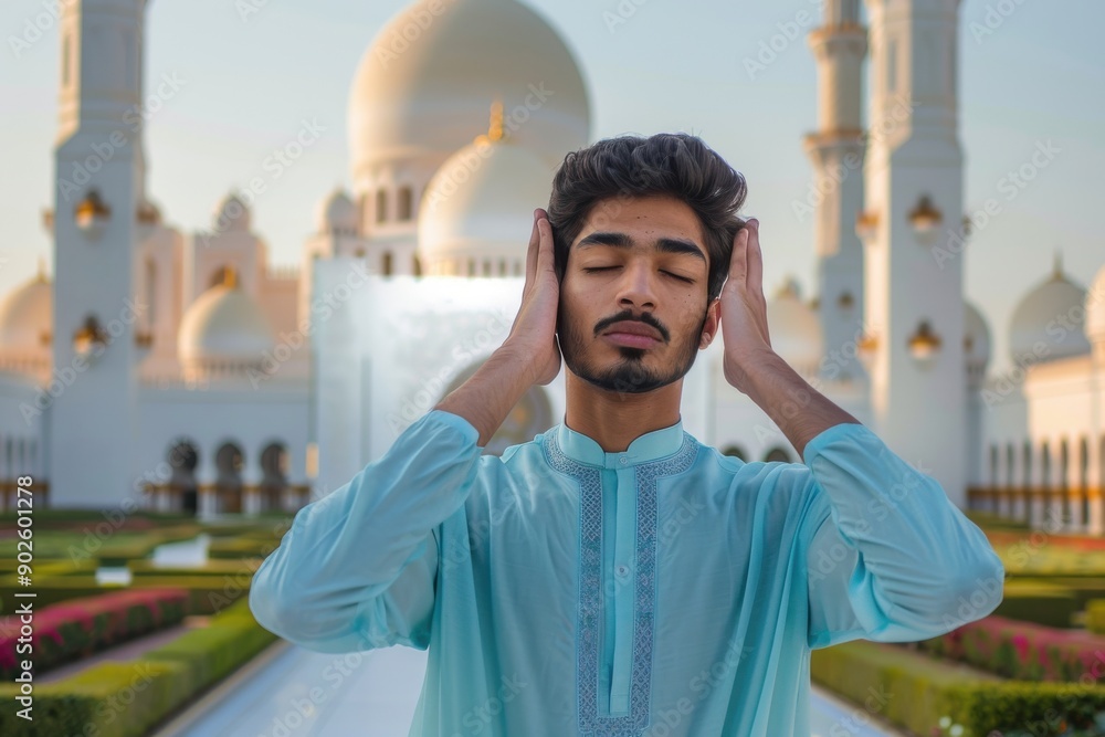 Wall mural young muslim man in modern traditional attire performing prayer at a grand mosque