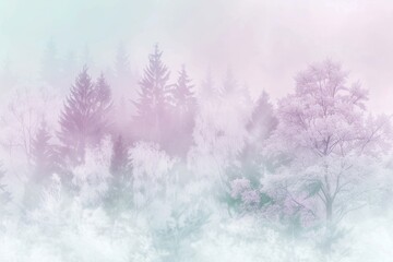 Wallpaper design depicting a dreamy, pastel-hued forest scene