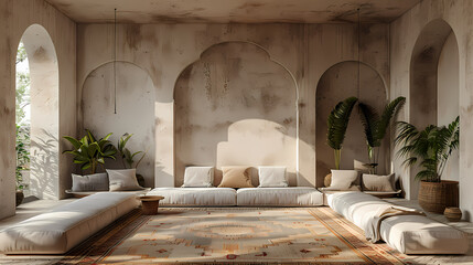 A modern, minimalist living room with a bohemian flair. The room features a large, comfortable sofa, plush cushions, and an intricate rug. The archways add a touch of architectural interest, while the
