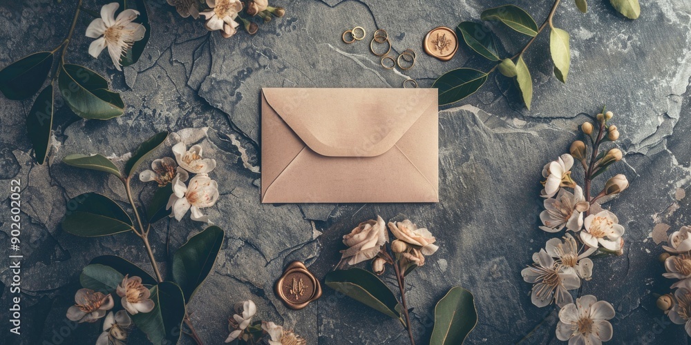 Poster a brown envelope sits on a stone surface with flowers surrounding it. concept of intimacy and warmth