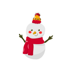 Vector image of a cute snowman in a hat and scarf. In cartoon style.