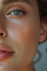 Naklejka premium A woman with green eyes and a pinkish tint to her skin. She has a light pink lip and a light pink blush on her cheeks