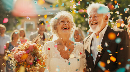 Happy elderly couple celebrating their wedding day with joy and laughter, surrounded by colorful confetti.