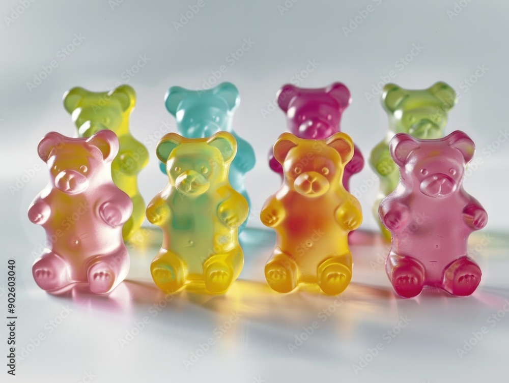 Aufkleber A row of colorful bears made of plastic. The bears are of different colors and sizes. They are arranged in a line, with the smallest one on the left and the largest one on the right