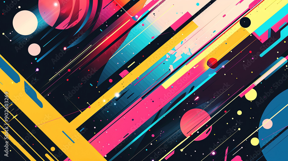 Wall mural vibrant retrofuturistic abstract background with dynamic shapes and colors