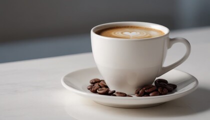 Fototapeta premium A hot cup of coffee on a saucer, set against a white background, casting a subtle shadow.