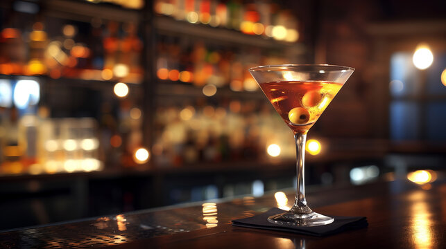 Elegant cocktail in a chic bar setting, showcasing a sophisticated ambiance with warm, inviting lighting. Ideal for illustrating nightlife, luxury, and high-end dining experiences