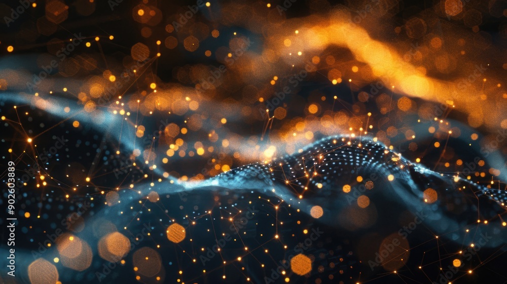 Poster a blurry image of a wave with a lot of dots and lines. the image has a dreamy, ethereal quality to i