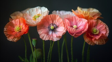 Obraz premium Vibrant Poppies Displaying Colorful Blooms Against a Dark Background in Spring
