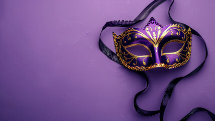 A close-up of a golden and purple masquerade mask against a purple background, embodying elegance and festivity.
