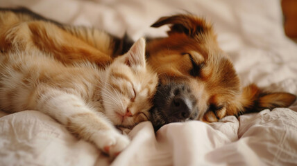 Sleeping dog with a cat on the bed close-up, favorite pets