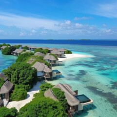 Fototapeta premium Dive into serenity with this stunning tropical oasis, featuring over-water villas