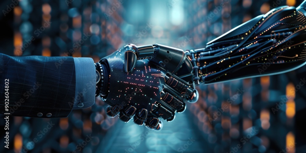 Poster two robots shaking hands in a futuristic setting. concept of technological advancement and the poten