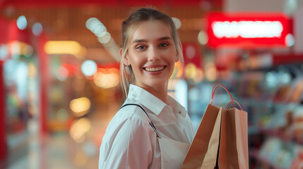 Smiling retail worker holding shopping bags in a brightly lit store, representing customer service and satisfaction in a retail environment.