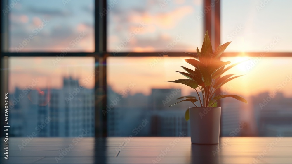 Poster sunlit business environment with large windows offering panoramic city skyline views and modern mini