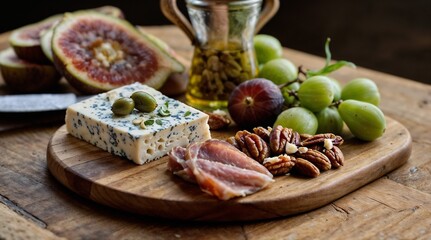A beautiful and delicious Gourmet Cheese Board accompanied by a variety of Nuts and Fresh Fruits