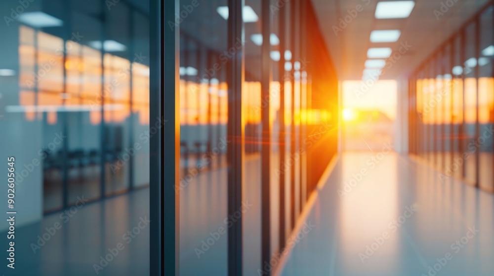 Poster sunlight reflections on sleek glass office partitions in a serene corporate setting with deep depth 