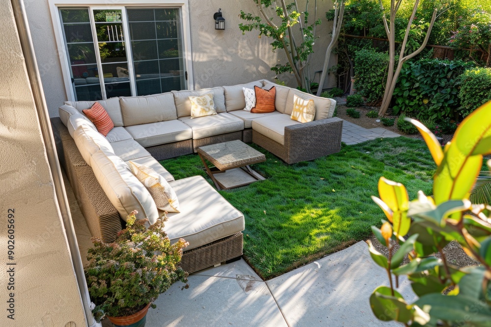 Aufkleber a patio with a couch and a table. the couch is made of wicker and has pillows on it. there are also 