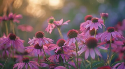 Fototapeta premium A field of purple flowers with a bright sun in the background. The flowers are in full bloom and are arranged in a way that creates a sense of harmony and balance