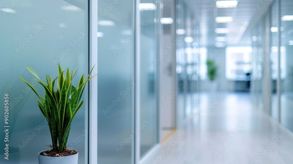 Poster bright and spacious office corridor with glass partitions creating a modern and professional atmosph