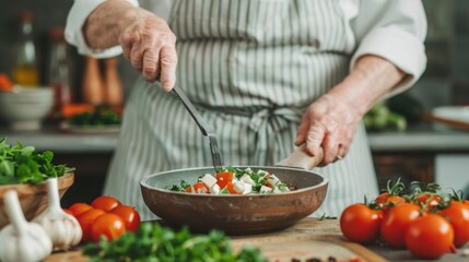 Elderly chef passionately engaged in cooking hobby surrounded by various kitchen ingredients utensils and tools on a wooden table or counter