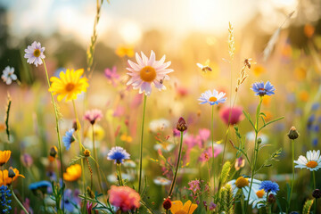 Sunlit wildflower meadow with buzzing bees on a radiant day