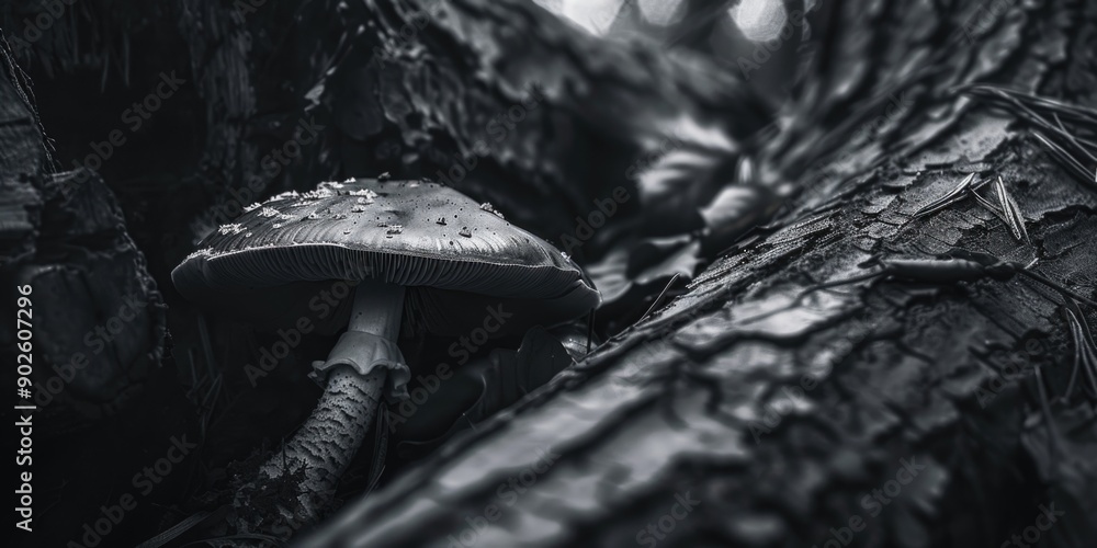 Poster a mushroom is on a log in the woods. the image has a moody and mysterious feel to it