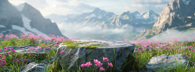 A stone podium in the middle of an alpine meadow with grass and pink flowers, moss on top, mountains in the background, realistic in the style of cinematic, beautiful lighting, high resolution photogr