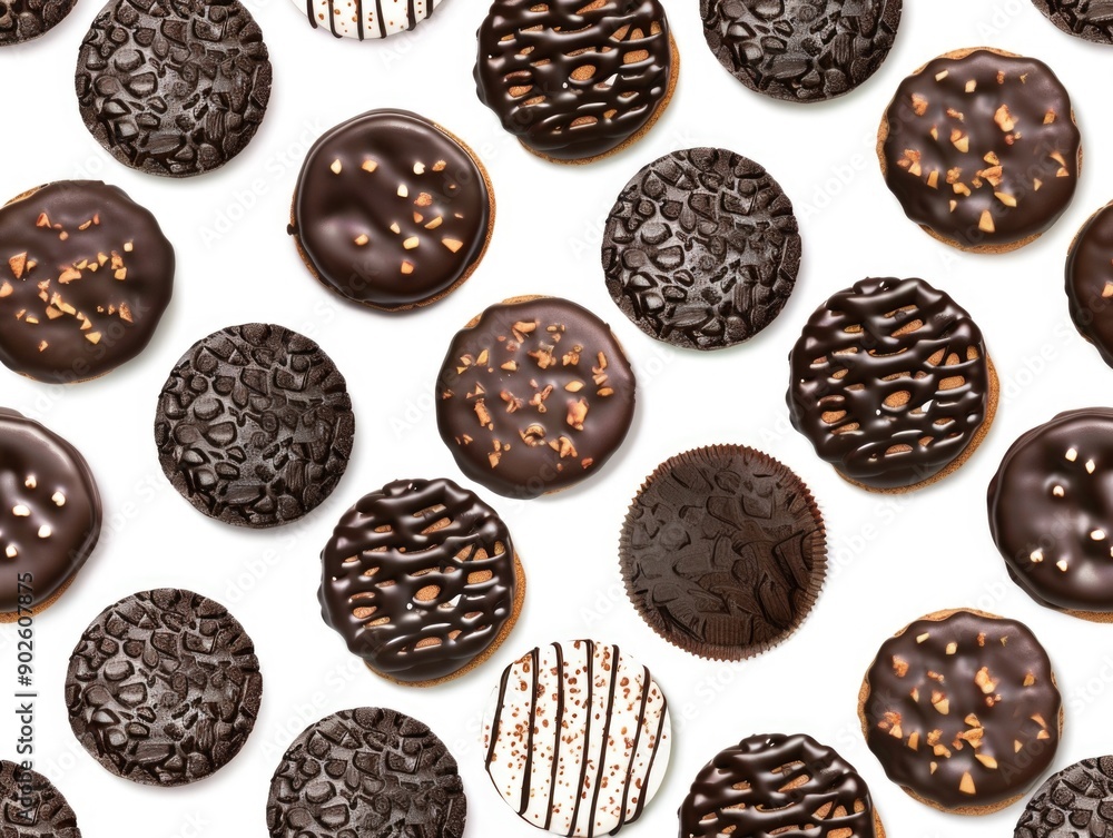 Poster a row of chocolate cookies with white icing. the cookies are arranged in a pattern, with some having