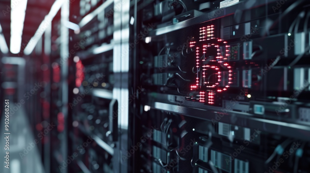 Poster a computer server room with a large screen showing a red b. the room is dark and the b is glowing br