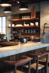A bar with a counter and wooden chairs. The counter has a coffee maker and a bottle of salt