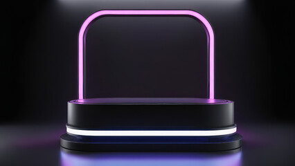 black futuristic carbon podium, horizontal product stand with product presentation space in a futuristic laboratory, neon colours, futuristic carbon podium, ad, podium platform, product presentation