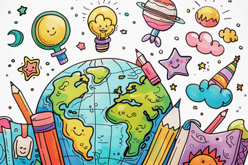 Obraz premium world of knowledge concept, drawing of globe surrounded by various symbols and school supplies