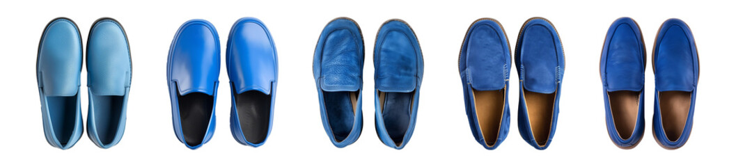 Fototapeta premium Collection pair of blue slip-on shoe footwear isolated on a transparent background, top view, cut-out, PNG