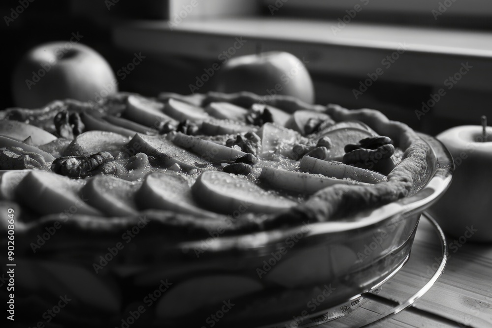Aufkleber a pie with apples and walnuts on top of a table. the pie is placed on a plate and there are two appl